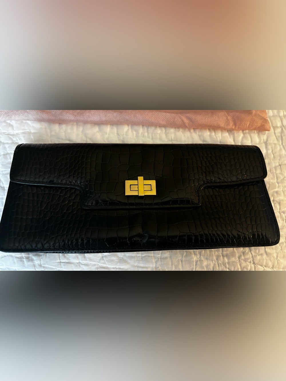 ANTONIO MELANI Black Leather Croc-Embossed Clutch with Gold Turn-Lock